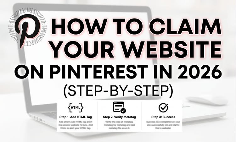 Step-by-step guide on how to claim your website on Pinterest in 2026 showing HTML tag and metatag verification steps on a laptop screen.⁠