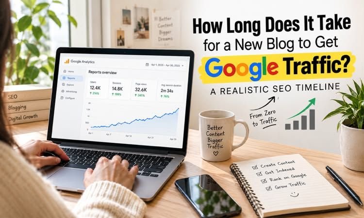 Laptop showing Google Analytics dashboard next to a notebook listing SEO timeline steps for a new blog