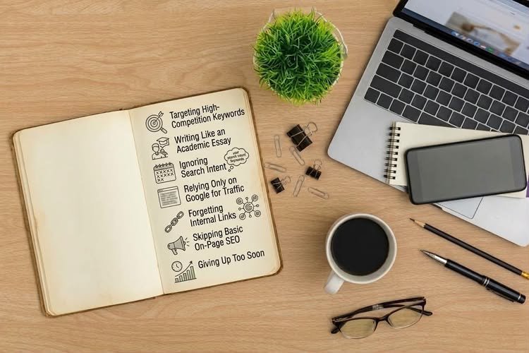 Overhead view of a minimalist wooden desk setup with laptop, coffee cup, notebook, glasses, and succulent terrarium⁠