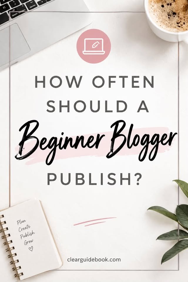 Text graphic asking how often a beginner blogger should publish content, featuring a laptop corner, coffee cup, and a spiral notebook with “Plan Create Publish Grow” written on it.
How Often Should a Beginner Blogger Publish