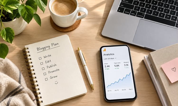 Flat lay view of a wooden desk featuring a laptop, coffee cup, houseplant, smartphone showing Google Analytics with growing website traffic, and an open notebook with a blogging checklist.